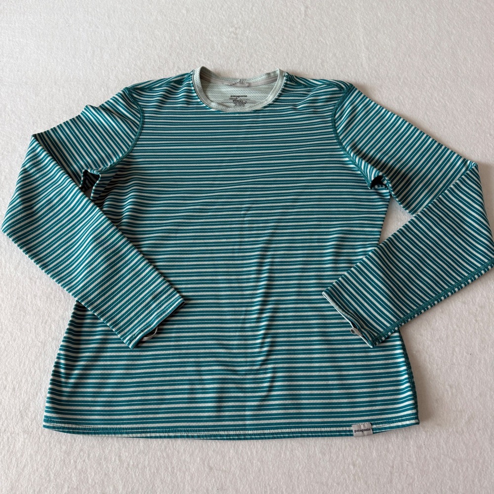 Patagonia Capilene 3 Midweight Polartec Base Layer Striped Teal White Women L